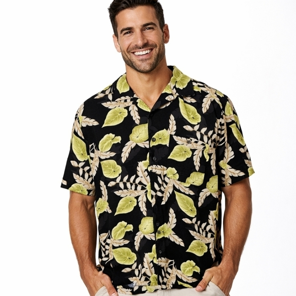 Falls Creek Black Rayon Hawaiian Shirt M Tropical Monstera Leaf Camp Cabana